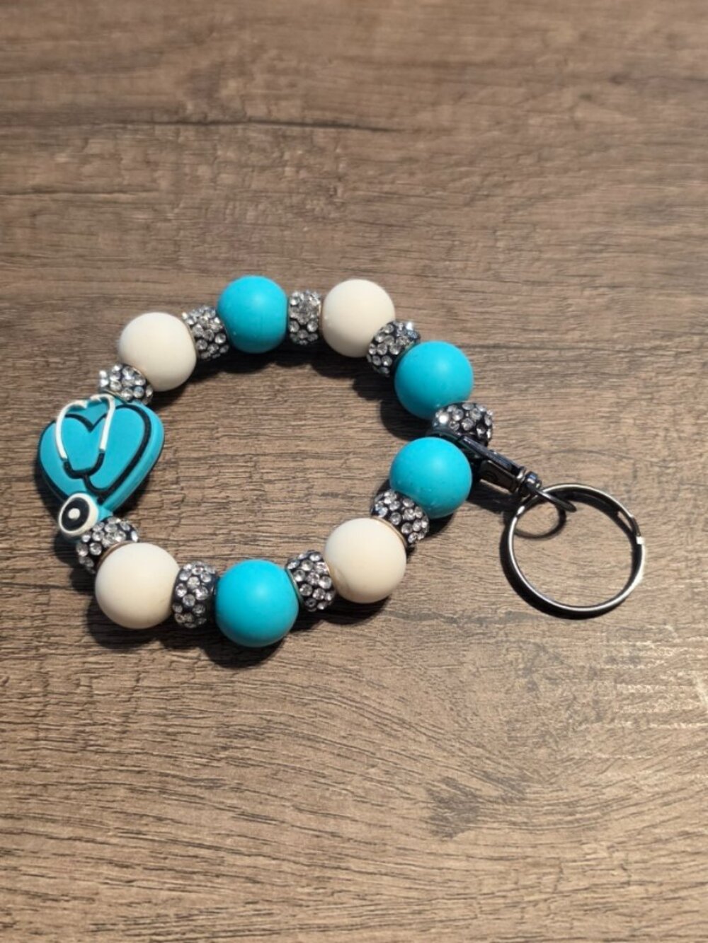 Nurse Stethoscope Heart Beaded Wristlet Keychain Turquoise White Rhinestone